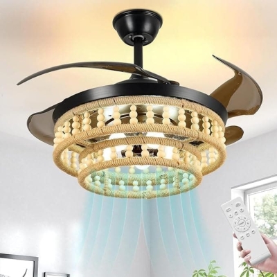 48 in. Wood Beads Boho Ceiling Fan, Farmhouse Caged Ceiling Fan with Lights, Flush Mount Perfect Ceiling Fan for Bedroom Living Room