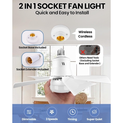 16.5 in. Screw In Light Socket Fan for Bedroom Living Room Kitchen, White Indoor Socket Fan Light with Remote, Outdoor Ceiling Fan for Garage