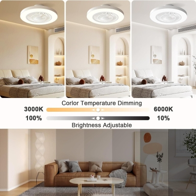 20 in. Flush Mount Low Profile Ceiling Fan, White Enclosed Remote Control Ceiling Fan and Light, Dimmable Bladeless Fandelier for Bedroom
