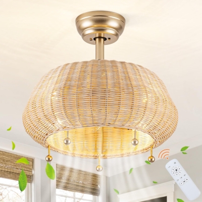 Boho Rattan Ceiling Fan with Light and Remote, Reversible Ceiling Fan Winter Summer, Caged Fan for Living Room Bedroom Dining Room Kitchen