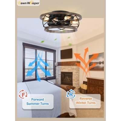 Caged Ceiling Fan with Lights, Low Profile Flush Mount Ceiling Fan with Lights, Farmhouse Industrial Ceiling Fans for Bedroom Living Room Dining Room