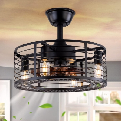 20 in. Black Caged Ceiling Fan with Light Remote, Lightweight Ceiling Fan, Bladeless Industrial Farmhouse Ceiling Fan with Light for Bedroom Porch Patio