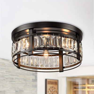 3-Light Matte Black LED Flush Mount Light, Round Modern Crystal Flush Mount Ceiling Light
