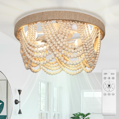 20 in. Boho Wood Beaded Fandelier, Flush Mount Ceiling Fan Chandelier with Remote, Low Profile Bladeless Quiet Ceiling Fan for Kitchen Living Room