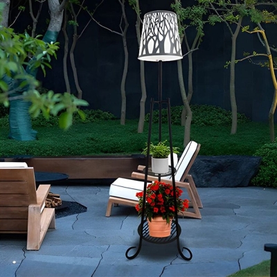 Modern Black Metal Solar-Powered Outdoor Floor Lamp with Dual Plant Stands, White PE Shade, Remote Control, and USB Charging Cable
