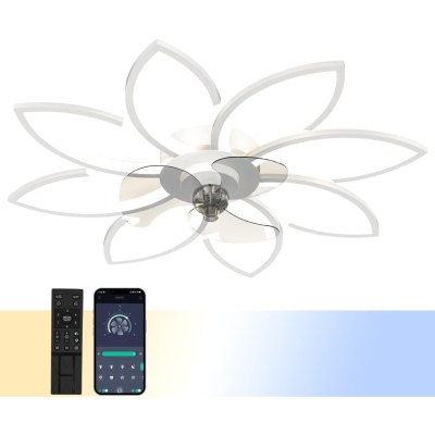 White Modern Ceiling Fan with Lights and Remote APP Control, Brightness LED Flush Mount Ceiling Lights for Living Room Bedroom