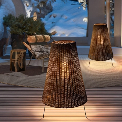 Tripod Woven Rattan Floor Lamp, Rustic Outdoor Waterproof Standing Lamp with Hand-Braided Shade for Cozy Indoor &amp; Garden Spaces