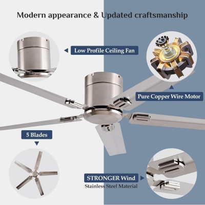 52 in. Indoor Outdoor Stainless Steel Ceiling Fans with 5 Blades Remote Control, Low Profile Ceiling Fan for Patio Living Room Bedroom Office