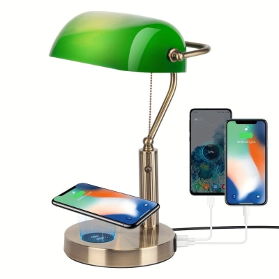 Green Vintage Banker Table Desk Lamp, Classic LED Desk Lamp with USB Wireless Charging Port Pull Chain for Reading Office Nightstand StudyRoom Desk