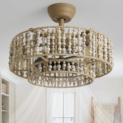 20 in. Boho Chandelier Fan Light, Rustic Fandelier Ceiling Fan with Remote, Wood Beaded Caged Enclosed Ceiling Fan for Living Room Dining Room