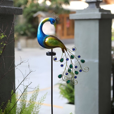43.7 in. Solar-Powered Peacock Garden Stake with LED Lights, Durable Iron &amp; PP, Waterproof, Vibrant Colors for Outdoor Decor