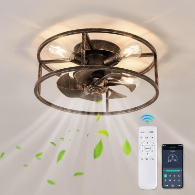Farmhouse Bronze Caged Flush Mount Remote Control Fan, Metal Blade Low Profile Fan Ceiling Fan for Dining Room Bedroom Kitchen Living Room