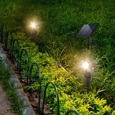 Modern Black Solar Spotlights with 100-200 Lumens LED, Durable Cast Aluminum, ABS, and PC, Adjustable Angle, Wall-Mounted or Ground-Plug Installation